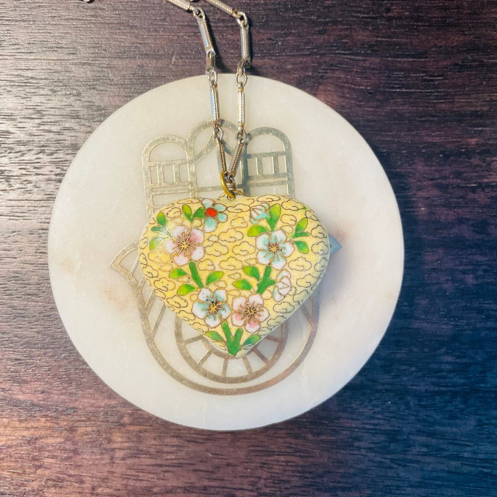 Vintage Cloisonne 1-1/4" Puff Heart Necklace